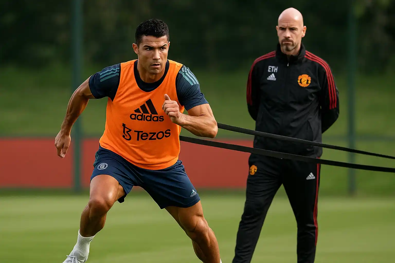 Ronaldo nỗ lực tập luyện dưới sự quan sát của Ten Hag